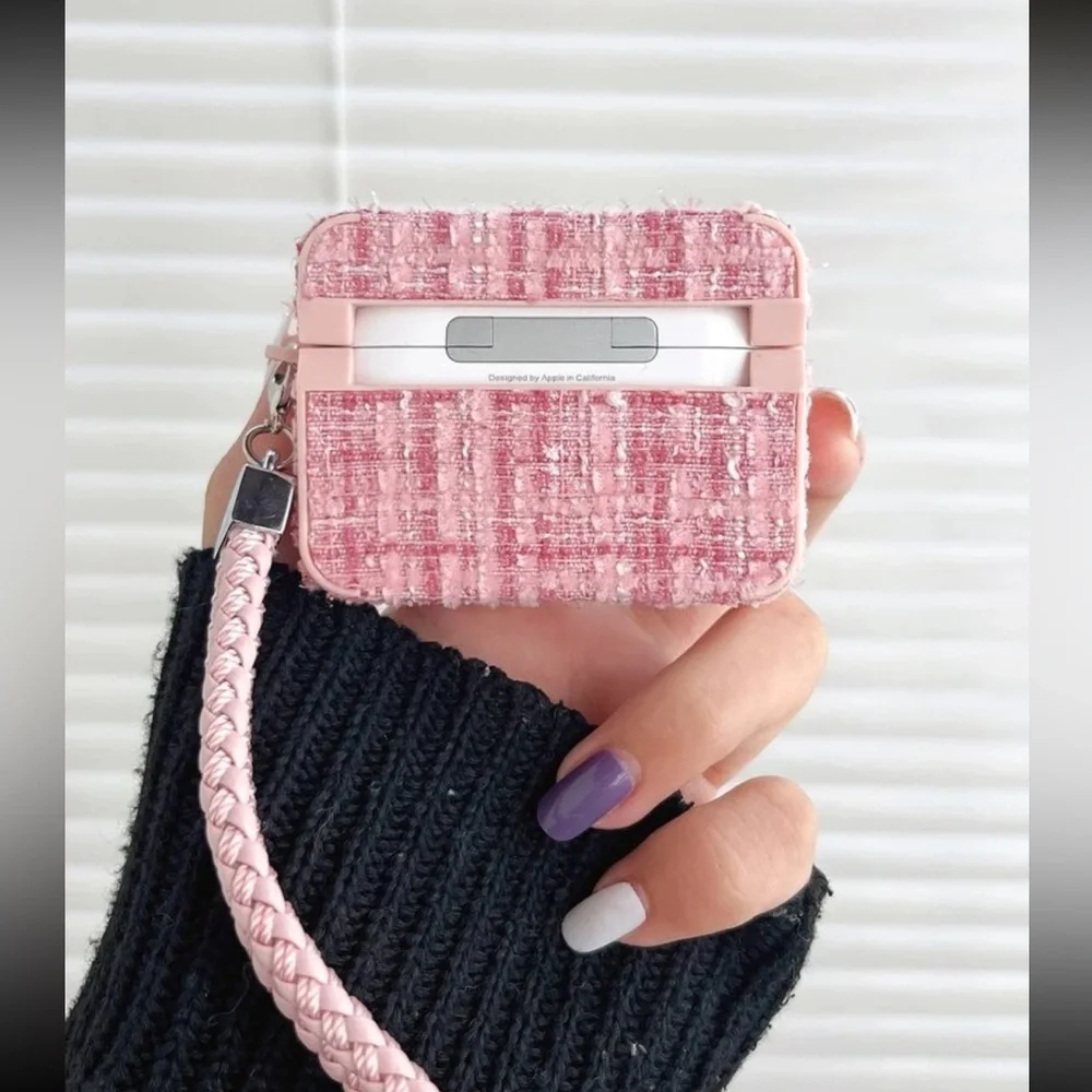 Chic Pink & Metallic Multi Tweed AirPod Case Mult Sizes New